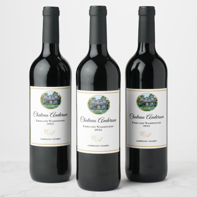New Home Photo Chateau Last Name Monogram Wine Lab Label (Bottles)
