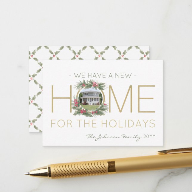 New Home Photo Christmas Wreath Change of Address Enclosure Card (Front/Back In Situ)