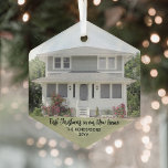 New Home Photo First Christmas Simple Black Script Glass Ornament<br><div class="desc">Celebrate the joy of your new place with a custom photo "First Christmas in our New Home" hexagon-shaped glass ornament. Picture and all wording on this template are simple to personalize. The modern minimalist black and white overlay design features one image of your choice and a handwritten style script typography...</div>