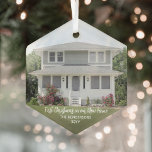 New Home Photo First Christmas Simple White Script Glass Ornament<br><div class="desc">Celebrate the joy of your new place with a custom photo "First Christmas in our New Home" hexagon-shaped glass ornament. Picture and all wording on this template are simple to personalize. The modern minimalist design features one image of your choice overlayed with a stylish white handwritten script typography message, name...</div>