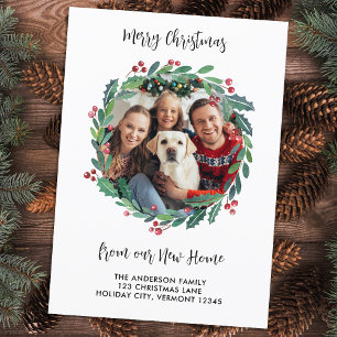 New Home Photo Greenery Wreath Christmas Moving Announcement