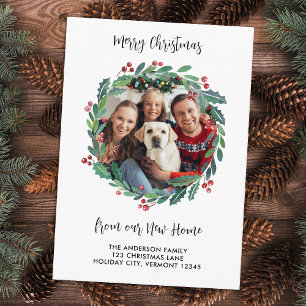 New Home Photo Greenery Wreath Christmas Moving Enclosure Card