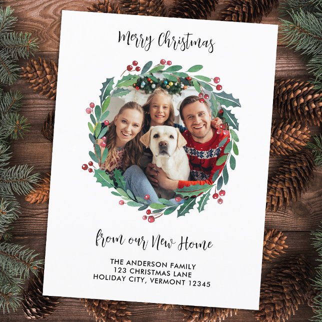 New Home Photo Greenery Wreath Christmas Moving Holiday Postcard (Creator Uploaded)