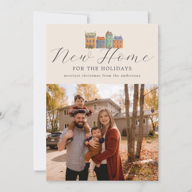 New Home Photocard With Drawing Of Buildings Holiday Card (Front)
