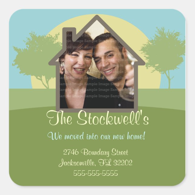 New Home Rising Sun Photo Template Announcement Square Sticker (Front)