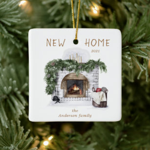 new home rustic fireplace photo Ceramic Ornament