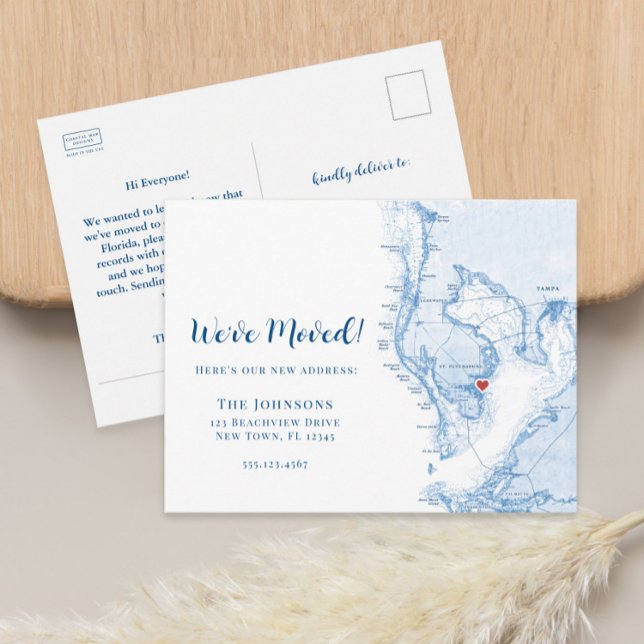 New Home St. Pete Florida Map Moving Announcement Postcard (Tampa Bay Florida new home moving announcement postcard with heart over St. Petersburg)