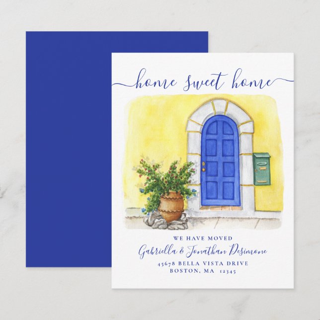 New Home Sweet Home Watercolor Blue Yellow Moving  Announcement (Front/Back)