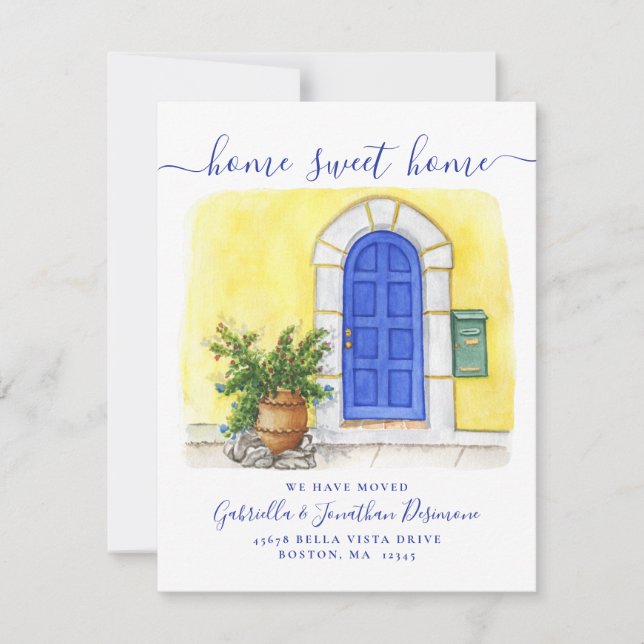 New Home Sweet Home Watercolor Blue Yellow Moving Announcement (Front)