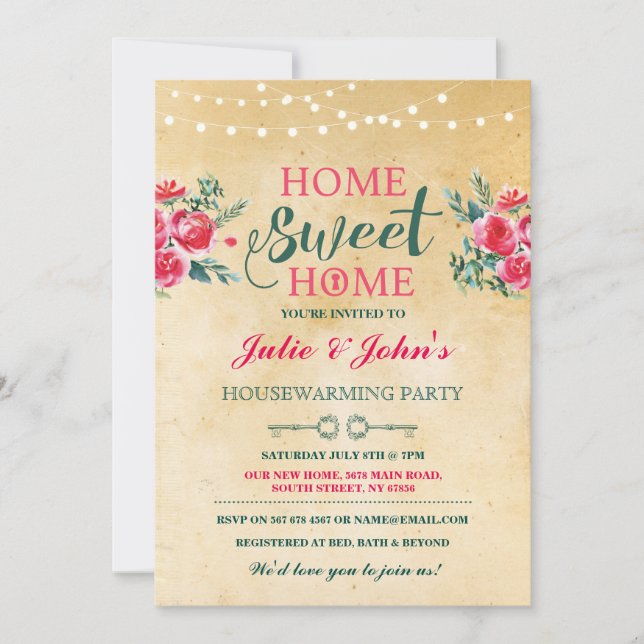 New Home Sweet House Warming Floral Key Invite (Front)