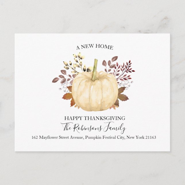 New Home Thanksgiving Pumpkin Moved Holiday Moving Announcement Postcard (Front)