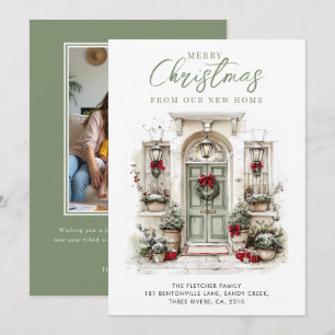 New Home Watercolor Front Door Christmas Holiday Card