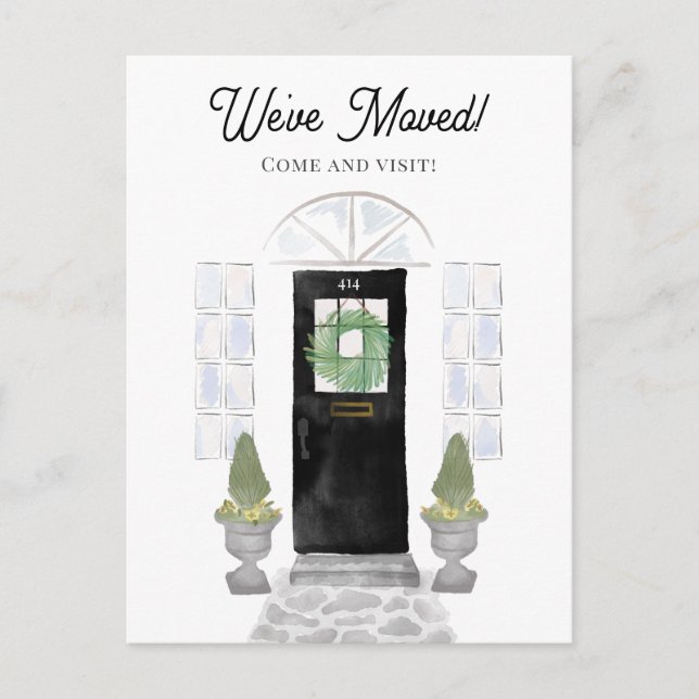 New Home We've Moved Watercolor Black Door Postcard (Front)