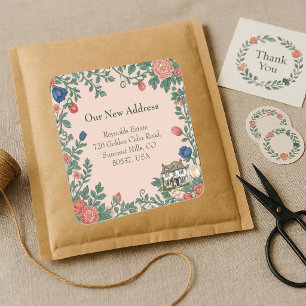 New House Address William Morris Inspired Greenery Square Sticker