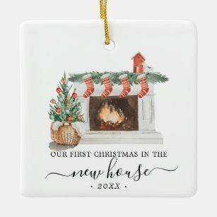 New House Christmas Ornament Watercolor Fireplace