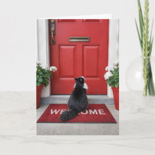 New House with Cat on a Red Welcome Doormat Card