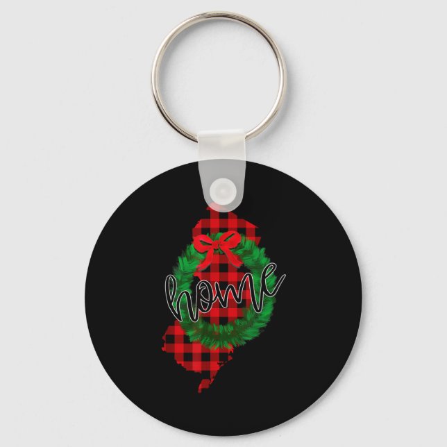 New Jersey Buffalo Plaid Christmas Home Wreath Ret Keychain (Front)