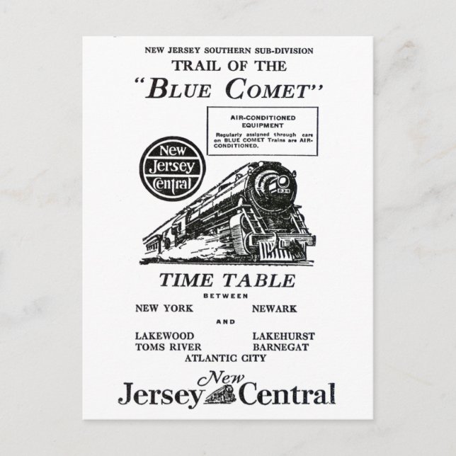 New Jersey Central Blue Comet Train Postcard (Front)