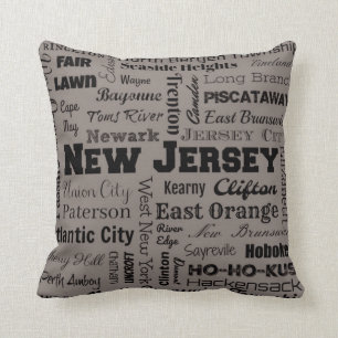 New Jersey Cities Typography throw pillow in grey