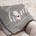 New Jersey Home State Personalized Rustic Throw Blanket<br><div class="desc">Show some home state pride with this cute rustic grey throw blanket featuring "home" in white calligraphy script lettering with a silhouette map of the state of New Jersey standing in for the letter "O." A red heart illustration inside the state map completes the design; you can change the position...</div>