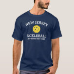 New Jersey Pickleball Add Club Partner Name Custom T-Shirt<br><div class="desc">Show off your love of New Jersey pickleball (easily change state name and shirt colour) with this awesome pickleball shirt for clubs, teams, partners or everyday court wear. Just add your 3 lines of custom text to make a totally unique pickleball shirt. Great for tournaments, matching club shirts or to...</div>
