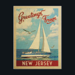 New Jersey Sailboat Vintage Travel Postcard<br><div class="desc">This Greetings From New Jersey vintage travel nautical design features a boat sailing on the water with seagulls and a blue sky filled with gorgeous puffy white clouds.</div>