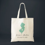 New Jersey Wedding Welcome Tote Bag<br><div class="desc">Welcome out of town wedding guests with a bag full of snacks and treats personalized with the state where you're getting married and the bride and groom's names and wedding date. Click Customize It to move the heart to show any city or location on the state map. Use the design...</div>