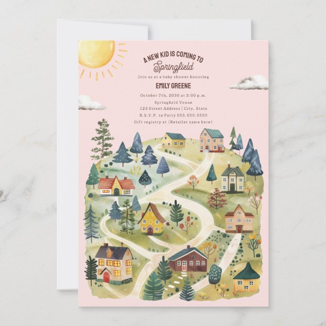 New Kid Hometown Watercolor Pink Fall Baby Shower Invitation (Front)