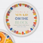 New Kid On The Block Houses Neutral Baby Shower Paper Plate<br><div class="desc">"New Kid On The Block" baby shower theme featuring text at centre with colourful houses neighbourhood border.</div>