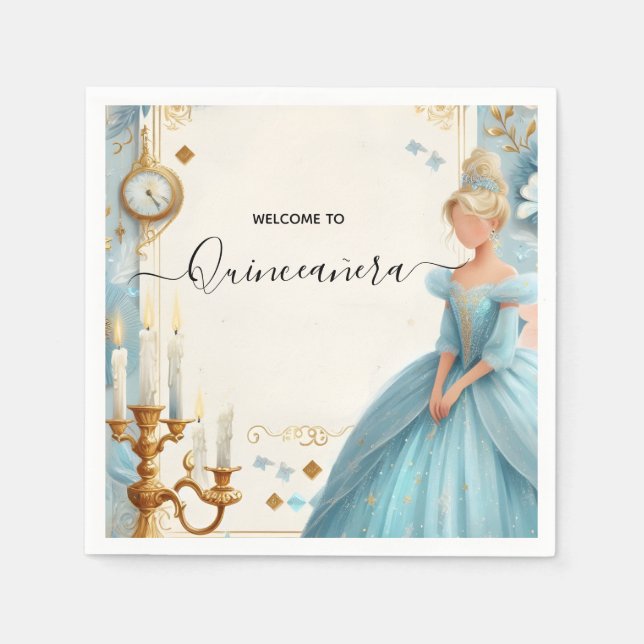 New Lamp Ivory Ice Sky Gold Light Blue Quinceanera Napkin (Front)