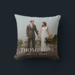 New Last Name Wedding Photo and Date Throw Pillow<br><div class="desc">Commemorate the new bride and groom with a custom throw pillow featuring a wedding photo, the new last name and wedding date on the front. The other side of the pillow has a charming tossed pattern of white doves, intertwined wedding rings and flowers on a slate blue grey background colour...</div>