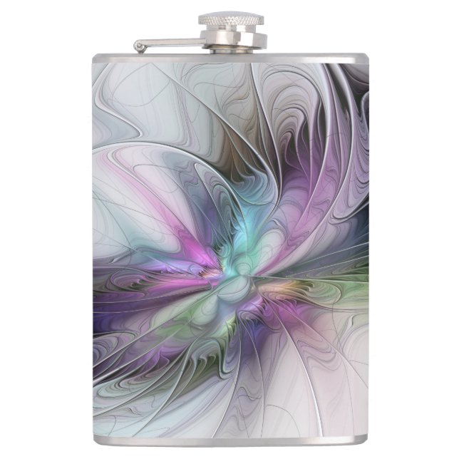 New Life, Colourful Abstract Fractal Art Fantasy Hip Flask (Front)