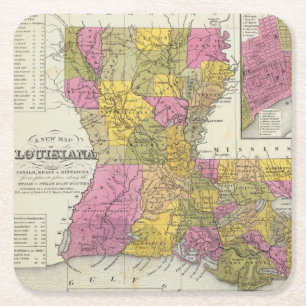 New Map Of Louisiana 3 Square Paper Coaster