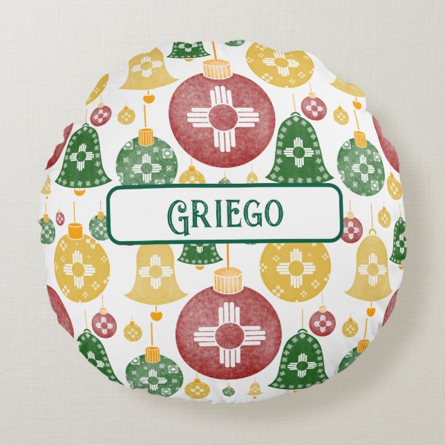 New Mexico Christmas Ornaments Zia Red Green Blue  Round Pillow (Front)