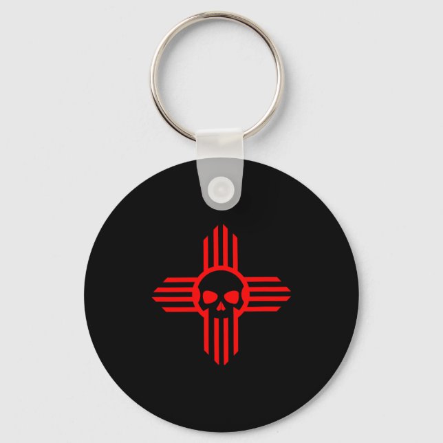 New Mexico Flag Zia Sun Skull ; State Pride Tee  Keychain (Front)