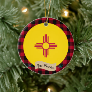 New Mexico, Red buffalo plaid & New Mexican Flag Ceramic Ornament