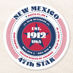 New Mexico Red White Blue Typography Round Paper Coaster