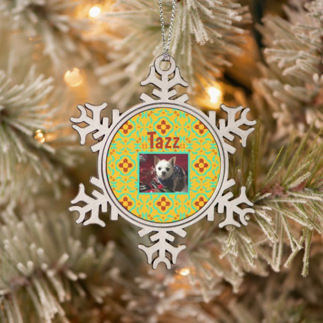 New Mexico Red Zia Turquoise Feathers Snowflake Pewter Christmas Ornament (Tree)