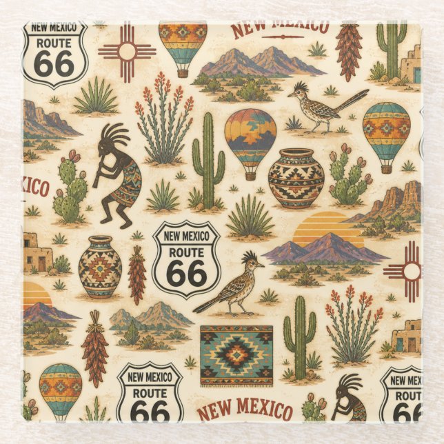 New Mexico Route 66 Sip Stop Glass Coaster (Front)