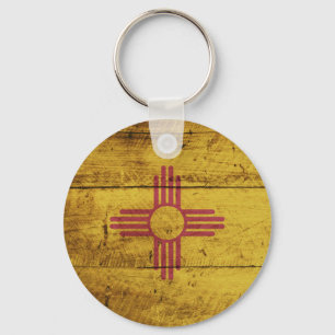 New Mexico State Flag on Old Wood Grain Keychain