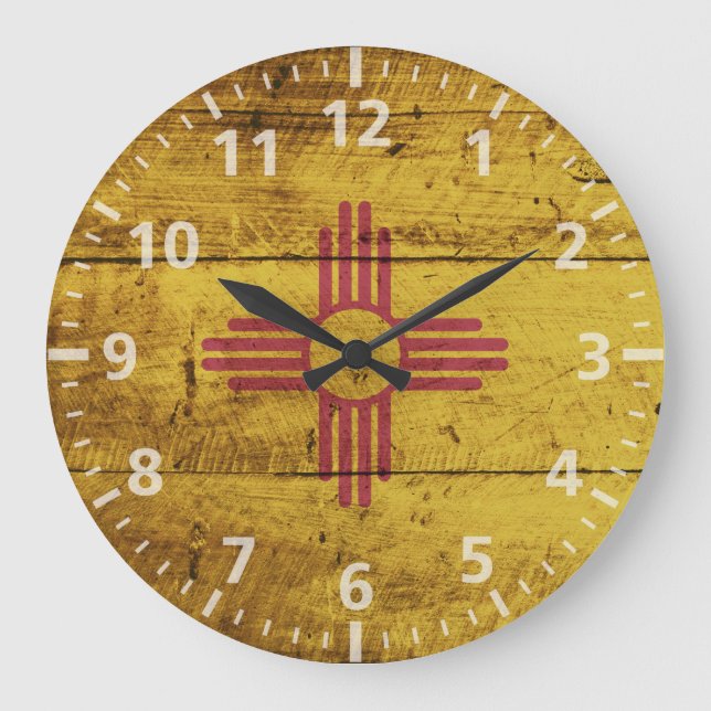 New Mexico State Flag on Old Wood Grain Large Clock (Front)