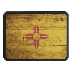 New Mexico State Flag on Old Wood Grain Trailer Hitch Cover