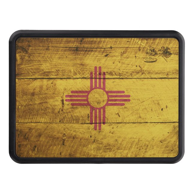 New Mexico State Flag on Old Wood Grain Trailer Hitch Cover (Front)