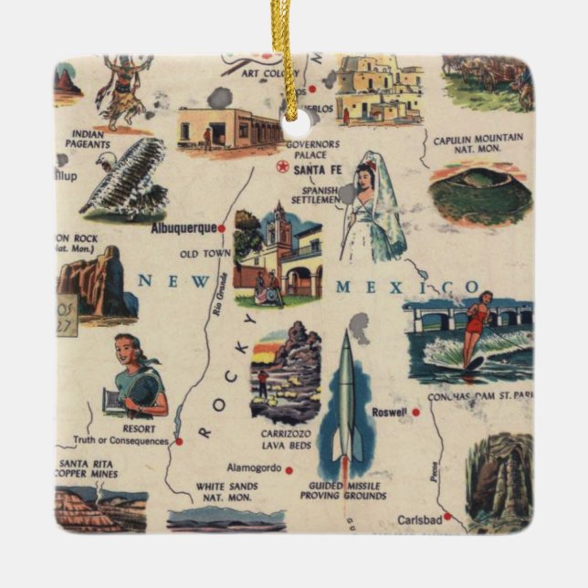 New Mexico Vintage Tourist Map Ceramic Ornament (Front)
