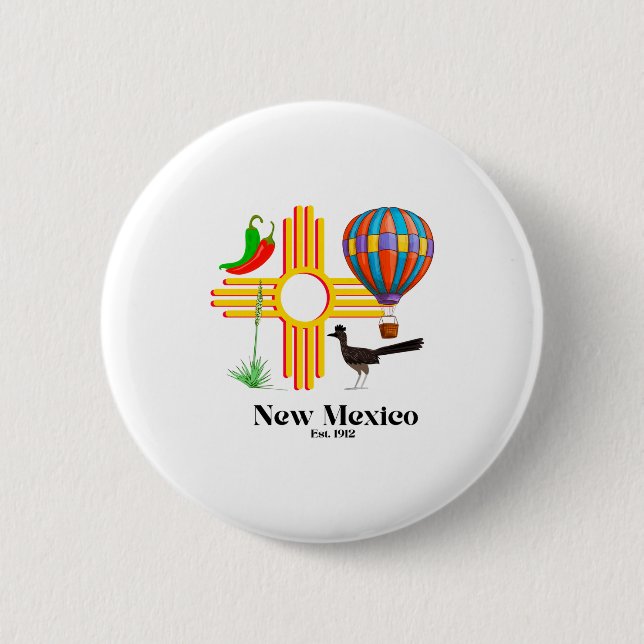 New Mexico Zia_ Chiles, Balloon, Roadrunner, Yucca 2 Inch Round Button (Front)