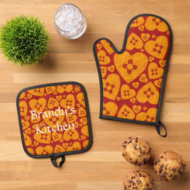 New Mexico Zia Heart Oven Mitt & Pot Holder Set (Top Down)