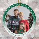New Modern Style Double Sided Two photo Snowflakes Ceramic Ornament<br><div class="desc">New modern style, double sided, two photo, round ceramic ornament. On the front side, this custom ornament design features your personal photo highlighted in a unique white and green gradient frame with delicate snowflakes. The designs modern typography displays your family name and the year or can be edited to read...</div>