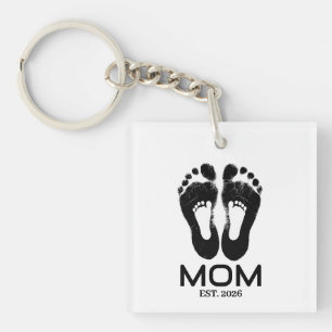 New Mom Baby Footprints Established Date Keychain