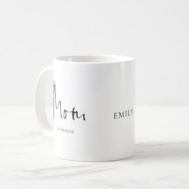 New Mom Est Date Name Script Coffee Mug (Front Left)