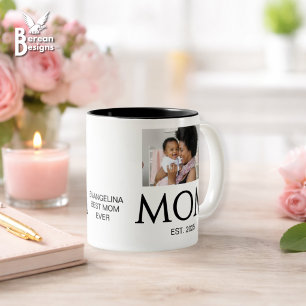 New Mom Gift Custom Text Photo Mom Established  Two-Tone Coffee Mug